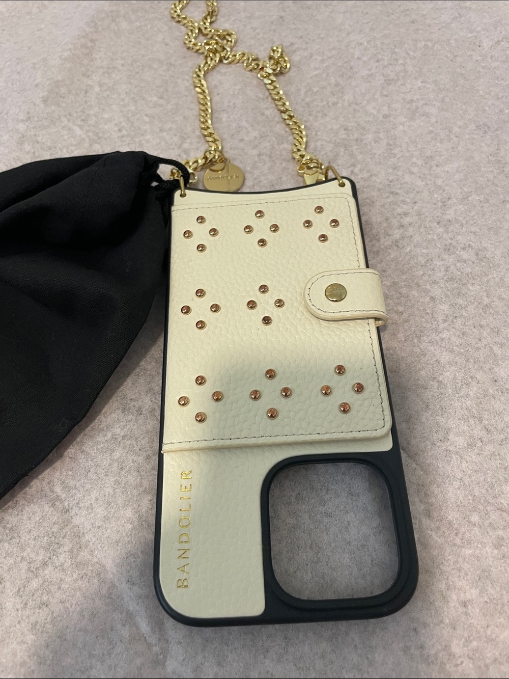 Bandolier Ivory iPhone 16 ProMax Case with Gold Chain & Stud Accents
